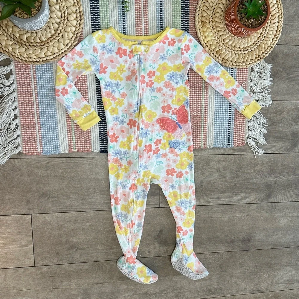 Carter’s Toddler Girl Zip Pajamas Butterfly Floral Print Colorful Snug Footie 2T